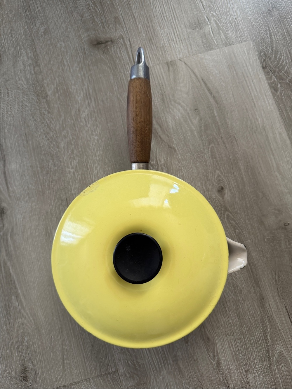 Le Creuset VTG Yellow Enameled Saucepan with Wooden Handle